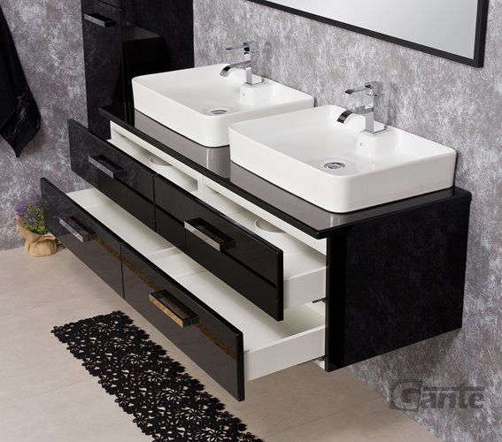 Czarna szafka wisząca z dwiema umywalkami 140 cm Luna seria Fokus C