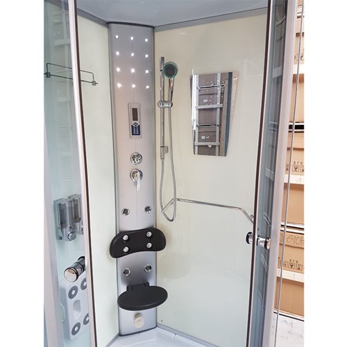 Kabina prysznicowa z hydromasażem niski brodzik białe ściany 90x90