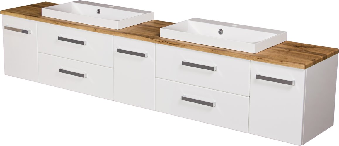 Szafka wisząca z dwiema umywalkami 210 cm z blatem w kolorze dąb naturalny 210/39/C2 seria Fokus B