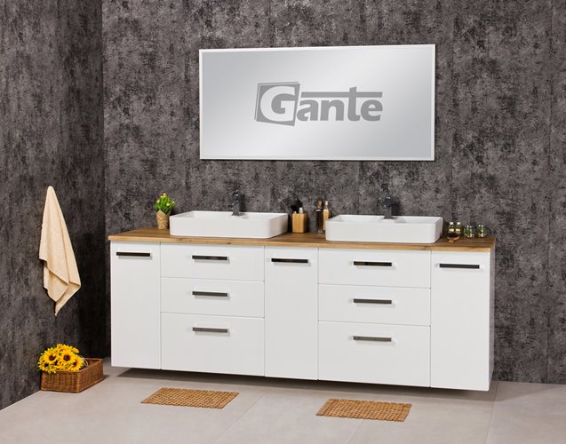 Szafka wisząca z dwiema umywalkami nablatowymi 210 cm z blatem w kolorze dąb naturalny 210/39/C3 seria Fokus B