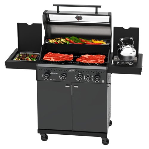 Grill gazowy ZEUS-C kolor czarny ruszt żeliwny moc 14,5 kW + pokrowiec + palnik boczny + LED