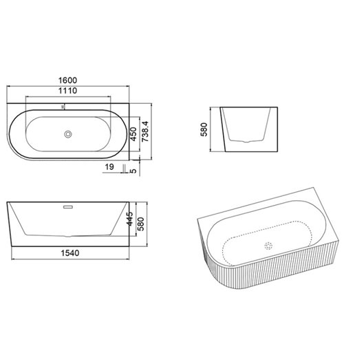 Wanna ryflowana przyścienna narożna prawa 160 cm Rio Hydrosan