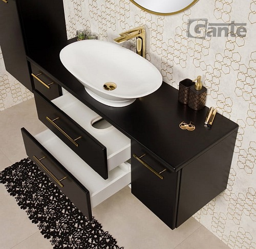 Szafka łazienkowa wisząca 120 cm czarny mat z umywalką nablatową Belli Gold Gante