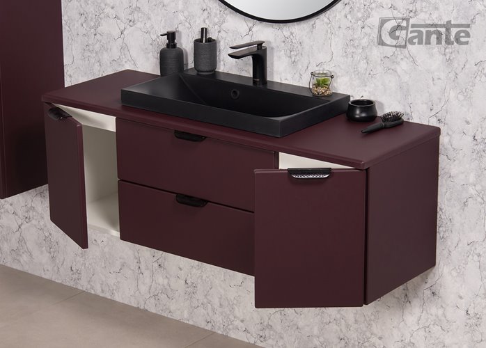 Burgundowa szafka łazienkowa wisząca z czarną umywalką nablatową czarny uchwyt 120 cm Magnolia