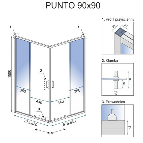 Kabina prysznicowa 90x90, czarne profile Punto Rea