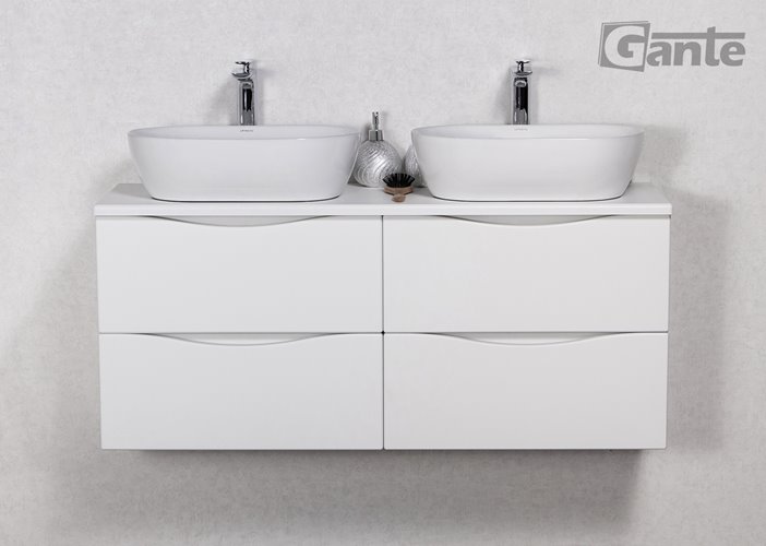 Szafka łazienkowa wisząca ONDA 120 cm biała z dwiema z umywalkami Gante