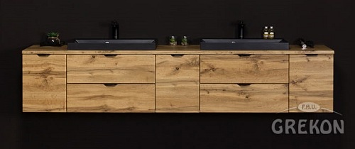 Szafka łazienkowa wisząca 2 x czarna umywalka nablatowa dąb naturalny 210 cm Victa Gante