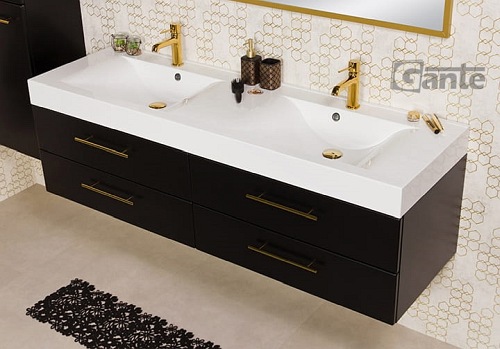 Szafka łazienkowa wisząca czarny mat z umywalką dwie komory 160 cm Nela Belli Gold Gante