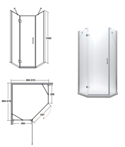 Kabina prysznicowa pięciokątna 90x90 Viva Besco model lewy