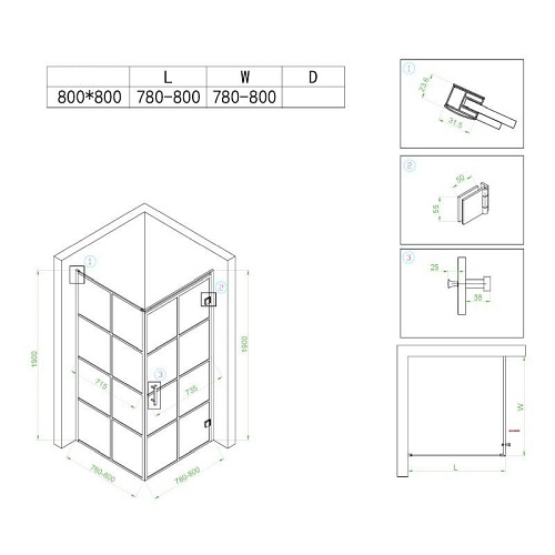 Kabina prysznicowa loft kwadratowa 80x80 czarne szprosy na szkle BS10A