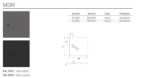 Brodzik kwadratowy 90x90 szary New Trendy Mori B-0395