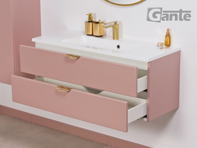 Szafka łazienkowa pudrowy róż z umywalką złoty uchwyt 100 cm Magnolia Gante
