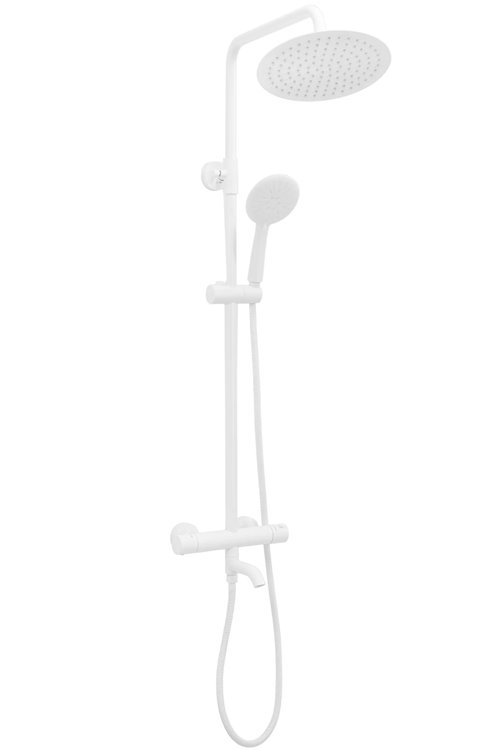 Biały zestaw prysznicowy z termostatem i wylewką Lungo Rea White