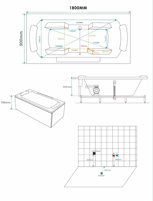 Wanna z hydromasażem prostokątna 180x90 cm Marbe 941 Hydrosan
