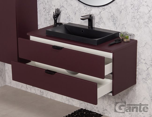 Szafka łazienkowa burgundowa z czarną umywalką nablatową czarny uchwyt 100 cm Magnolia Gante