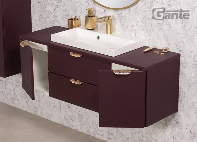 Burgundowa szafka łazienkowa wisząca z białą umywalką nablatową złoty uchwyt 120 cm Magnolia