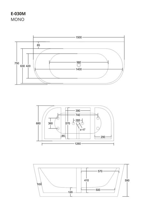 Wanna akrylowa, przyścienna wolnostojąca szeroka krawędź Mono Corsan 150 cm korek klik-klak miedziany