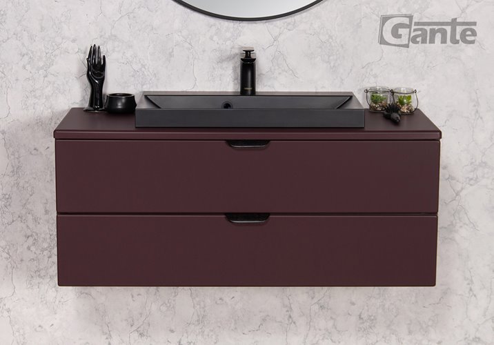 Szafka łazienkowa burgundowa z czarną umywalką nablatową czarny uchwyt 100 cm Magnolia Gante