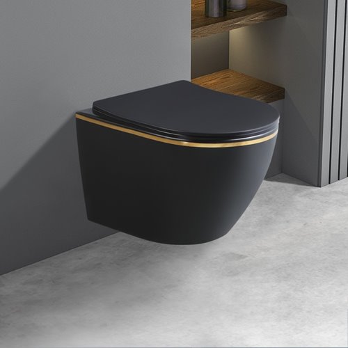 Czarna matowa  miska wc wisząca złoty rant Mizu Rimless 4.0 MIZU-MTB-GL-RIM-03 Hydrosan