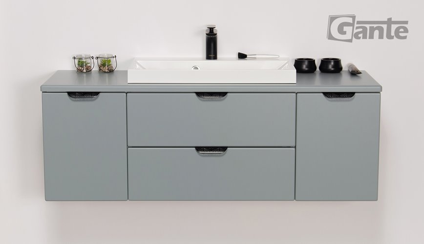 Miętowa szafka łazienkowa wisząca z białą umywalką nablatową czarny uchwyt 120 cm Magnolia