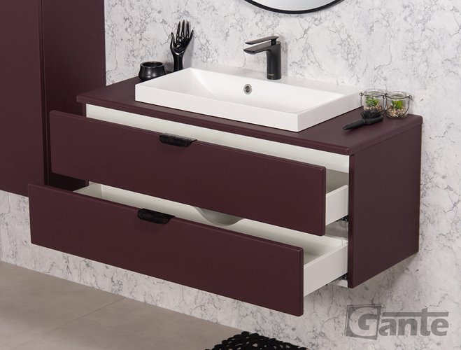 Szafka łazienkowa burgundowa z umywalką nablatową czarny uchwyt 100 cm Magnolia Gante