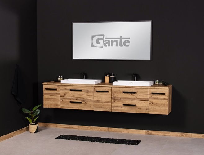 Szafka wisząca z dwiema umywalkami nablatowymi 210 cm kolor dąb naturalny seria Fokus Loft Gante