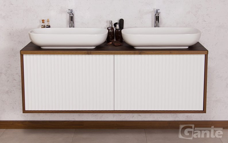 Szafka łazienkowa wisząca z umywalkami dąb wenge/biały mat 140 cm Venus Gante