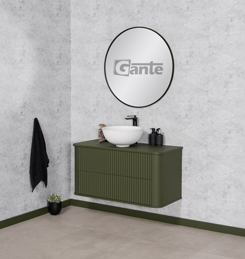 Szafka łazienkowa wisząca ryflowane fronty z umywalką LILIA 100 cm oliwkowy mat z umywalką Gante