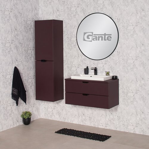 Burgundowa szafka łazienkowa wisząca z białą umywalką nablatową czarny uchwyt 80 cm Magnolia