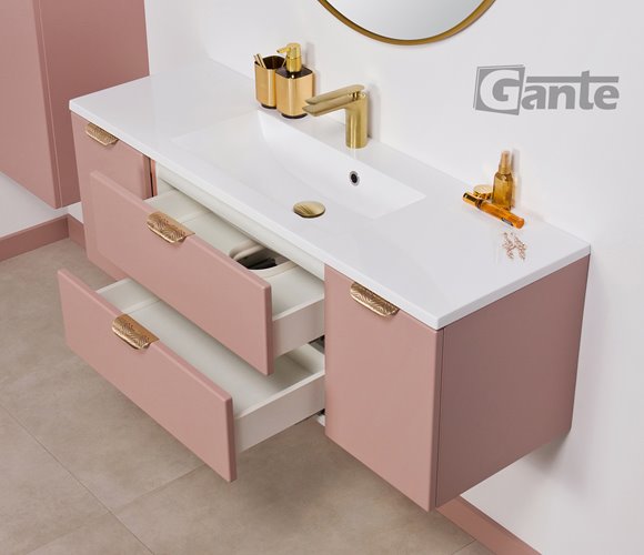 Szafka łazienkowa pudrowy róż z umywalką złoty uchwyt 120 cm Magnolia Gante