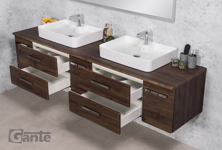 Szafka łazienkowa wisząca z umywalką nablatową 210 cm 50/2 Fokus kolor orzech