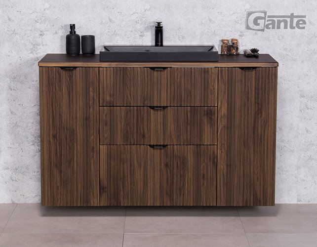 Szafka łazienkowa z lamelami wisząca z czarną umywalką nablatową 120 cm 39/3 Victa Lamello kolor orzech