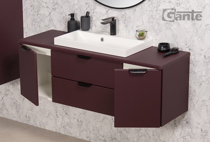 Burgundowa szafka łazienkowa wisząca z białą umywalką nablatową czarny uchwyt 120 cm Magnolia