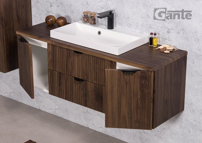 Szafka łazienkowa z lamelami wisząca z umywalką nablatową 120 cm 39/2 Victa Lamello kolor orzech