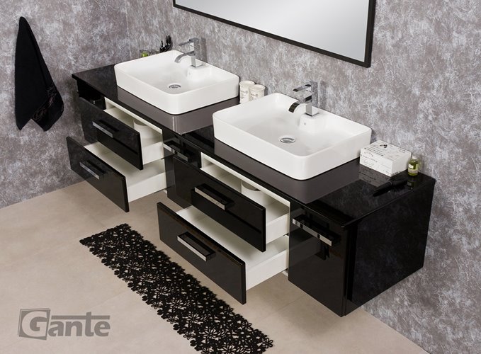 Czarna Szafka wisząca z dwiema umywalkami 210 cm LUNAC2 seria Fokus C