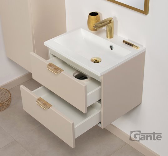 Piaskowa szafka łazienkowa wisząca z umywalką złoty uchwyt 50 cm Magnolia