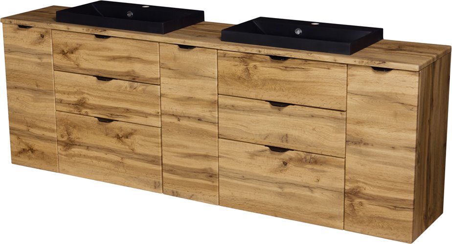Szafka łazienkowa z czarnymi umywalkami nablatowymi dąb naturalny 210 cm Victa Gante