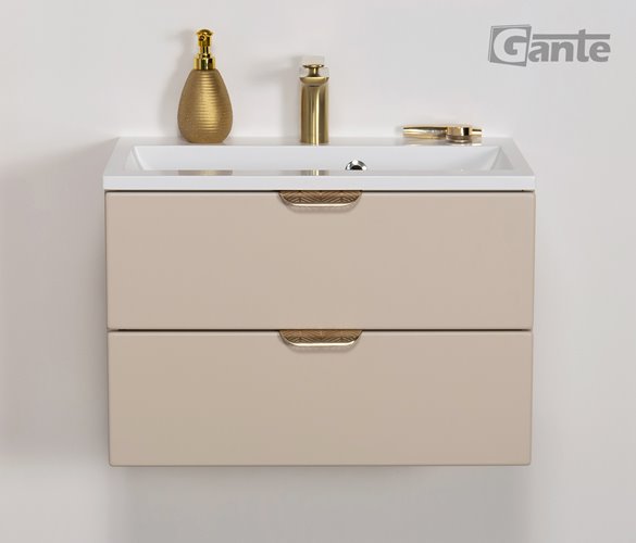 Piaskowa szafka łazienkowa wisząca z umywalką złoty uchwyt 60 cm Magnolia