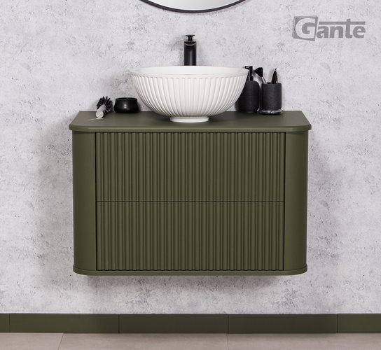 Szafka łazienkowa wisząca ryflowane fronty z umywalką LILIA 80 cm oliwkowy mat z umywalką Gante