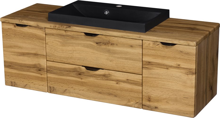 Szafka łazienkowa wisząca z czarną umywalką nablatową dąb naturalny 120 cm Victa Gante