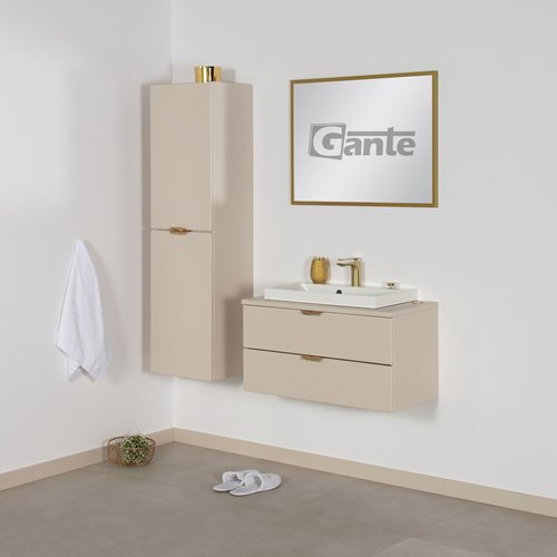 Piaskowa szafka łazienkowa wisząca z białą umywalką nablatową złoty uchwyt 80 cm Magnolia