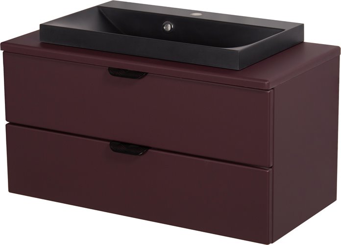 Burgundowa szafka łazienkowa wisząca z czarną umywalką nablatową czarny uchwyt 80 cm Magnolia