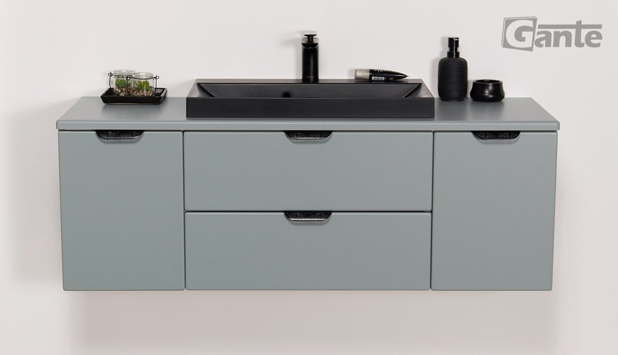 Miętowa szafka łazienkowa wisząca z czarną umywalką nablatową czarny uchwyt 120 cm Magnolia