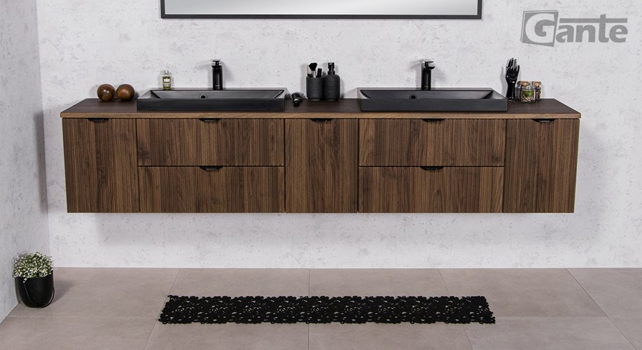 Szafka łazienkowa z lamelami wisząca z dwiema czarnymi umywalkami nablatowymi 210 cm 39/2 Victa Lamello kolor orzech