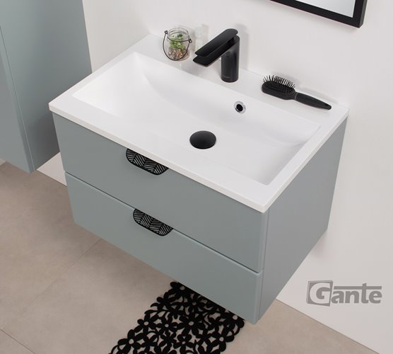 Miętowa szafka łazienkowa wisząca z umywalką czarny uchwyt 60 cm Magnolia