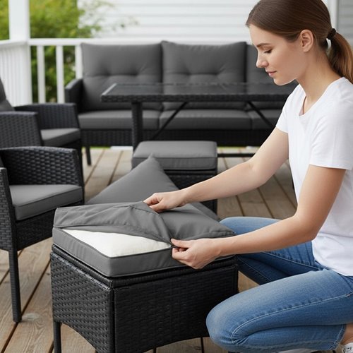 Zestaw mebli ogrodowych z technorattanu sofa, stół, krzesła, pufy Manas zdjęcie 21