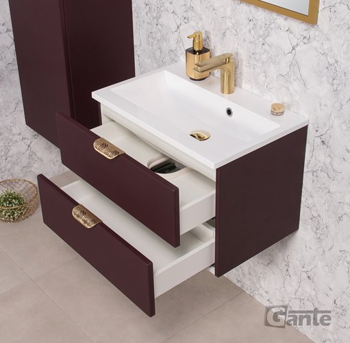 Burgundowa szafka łazienkowa wisząca z umywalką złoty uchwyt 60 cm Magnolia