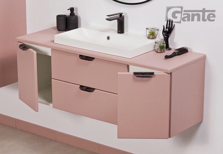 Szafka łazienkowa pudrowy róż z umywalką nablatową czarny uchwyt 120 cm Magnolia Gante
