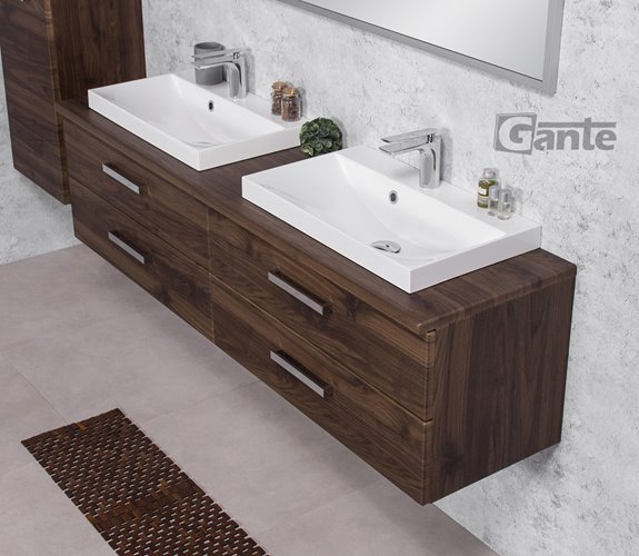 Szafka łazienkowa wisząca z dwiema umywalkami nablatowymi 160 cm 39/4 Fokus kolor orzech