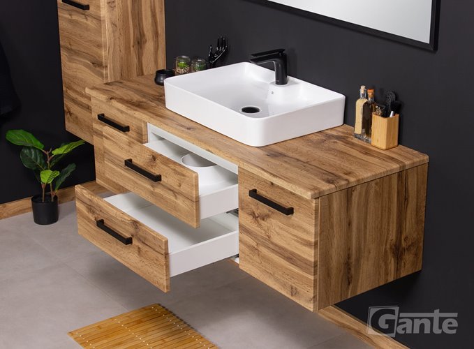 Szafka wisząca z białą umywalką nablatową 140 cm 50/2 kolor dąb naturalny seria Fokus Loft Gante